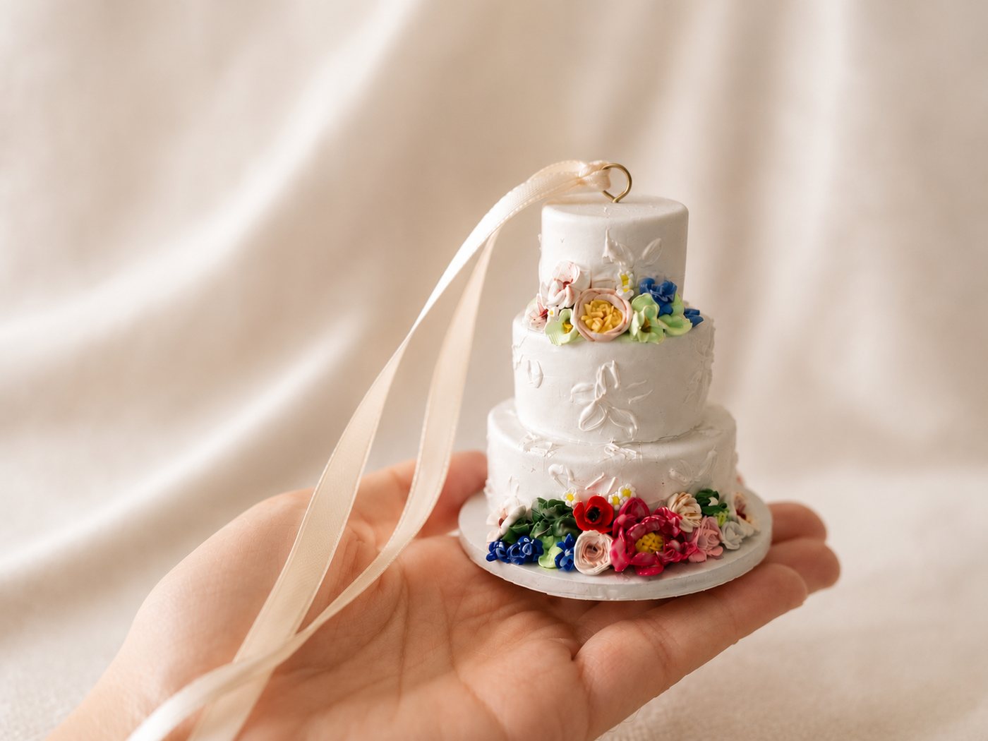 A miniature wedding-cake ornament resting in an open palm